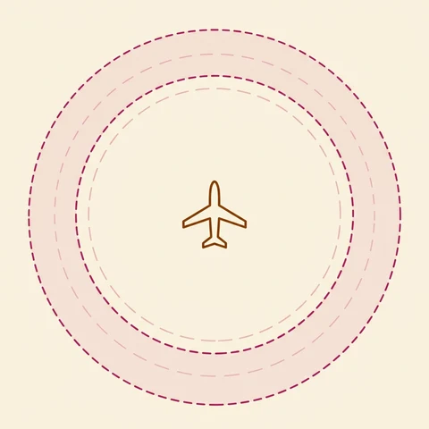 Original illustrative diagram of Mode C veil: A thin solid magenta circle, 30 nautical miles in radius, centered on the Class B primary airport, distinct from the Class B rings themselves.