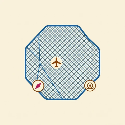 Original illustrative diagram of Restricted area: A blue hashed boundary line enclosing the area, labeled "R" followed by a number (e.g. "R-2508").