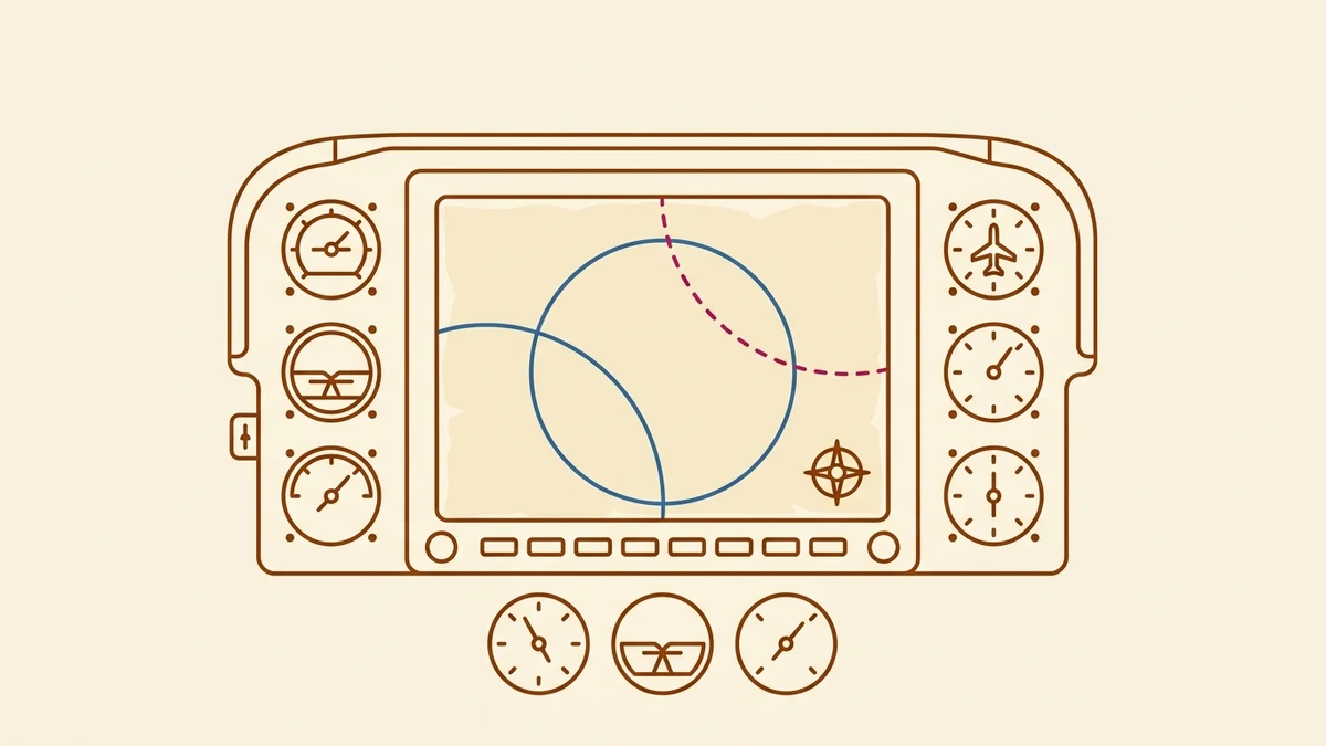 Original illustrative rendering of a cockpit-style instrument panel framing a simplified sectional-chart snippet, evoking the sectional-chart drill
